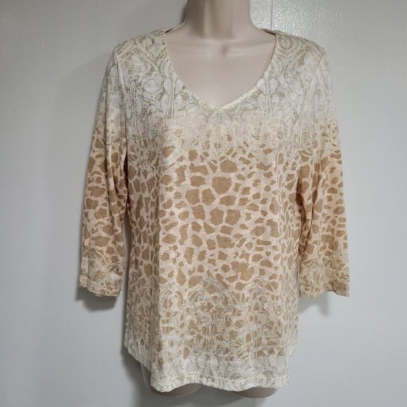 Chico's Size 0 (S) Ivory Poly Blend Multi‎ Patterned V-neck 3/4 Sleeve Knit Top - Picture 1 of 7